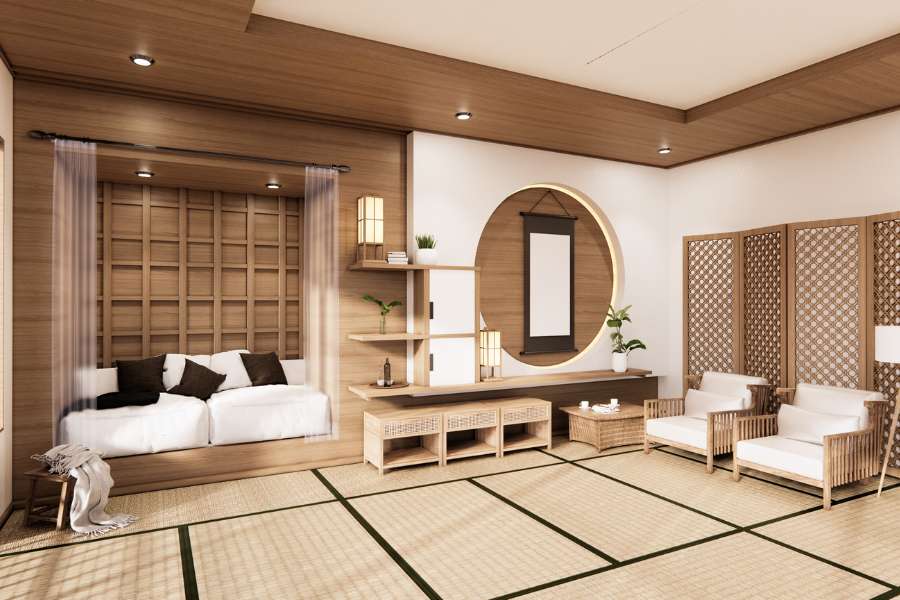 Chambre zen avec décoration intérieure japonaise, tatamis, mobilier en bois et rotin, miroir circulaire et paravent