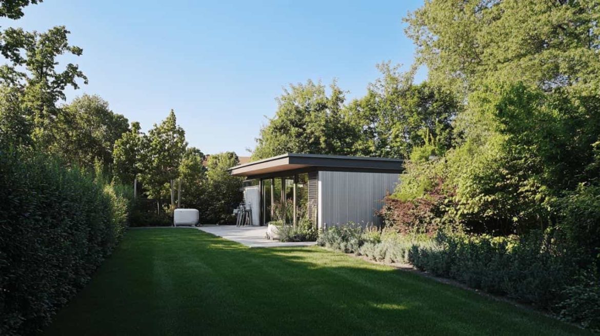 Intégration harmonieuse d’installations écologiques dans un espace extérieur contemporain Abri de jardin moderne entouré de verdure, jardin aménagé parfaitement adapté pour dissimuler une micro station d'épuration