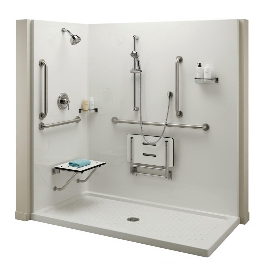 Une cabine de "douche adaptée aux seniors" blanche et moderne, avec un siège pliable et des barres d'appui, conçue pour la sécurité et l'autonomie.
