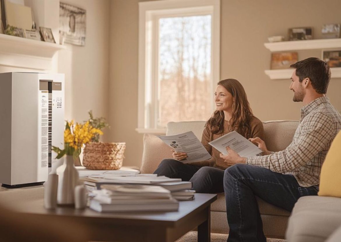 Confort et efficacité d’un système de chauffage moderne. Un couple souriant se détend dans un salon moderne avec un système de chauffage.