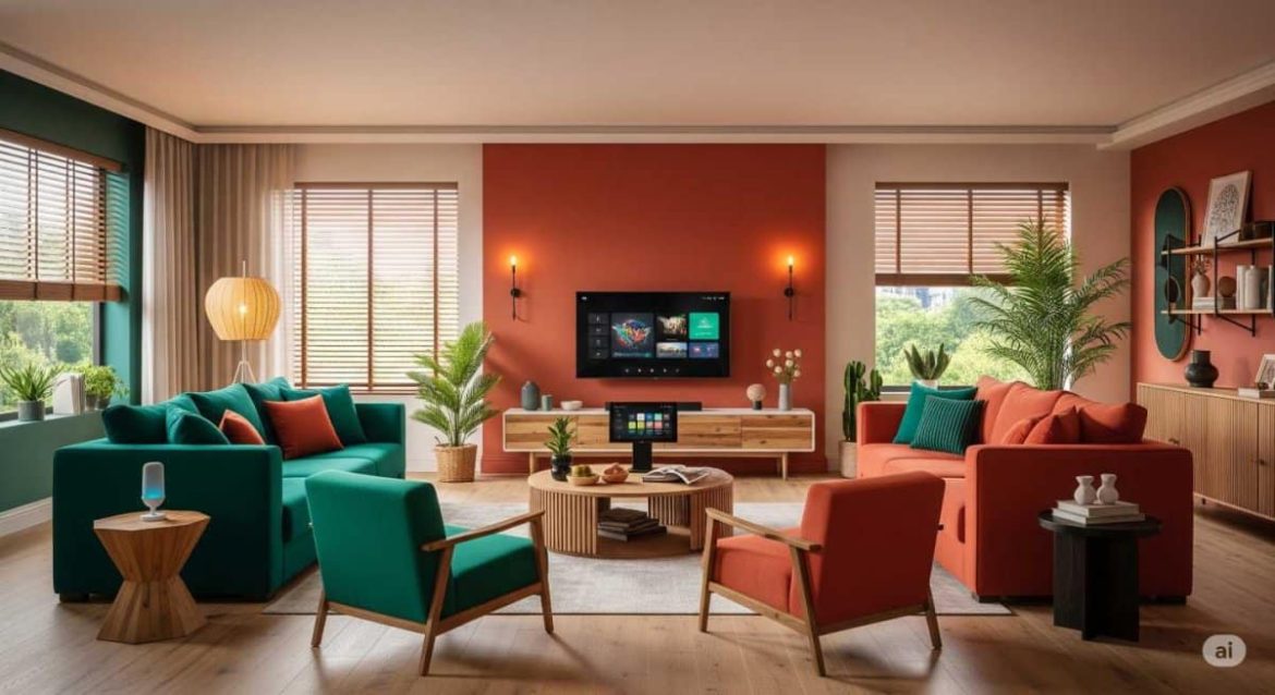 Inspirez Votre Intérieur : Explorez les Dernières Tendances Déco pour un Espace de Vie Contemporain et Chaleureux Un salon moderne reflétant les "tendances déco" actuelles, avec un canapé texturé, une table basse minimaliste et des objets d'art abstrait